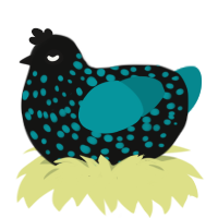 A black and teal chicken with a speckle pattern