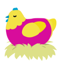 A fuchsia and yellow chicken with a head pattern
