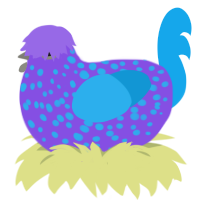 Skyspot, a blurple and sky chicken with a speckle pattern