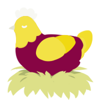 Squeak, a maroon and yellow chicken with a head pattern