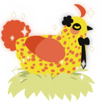 A yellow and vermilion chicken with a speckle pattern