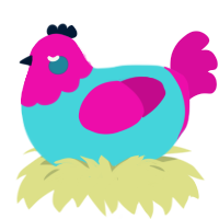 Vibes, a aqua and fuchsia chicken with a head pattern