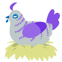 Aurora, a silver and blurple chicken with a half-bar pattern