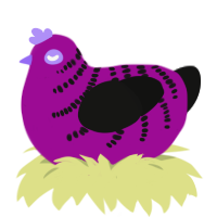 Button, a plum and black chicken with a half-bar pattern