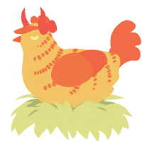 Carrot cake slice, a beige and vermilion chicken with a half-bar pattern