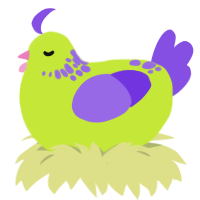 A lime and blurple chicken with a neck-speckle pattern