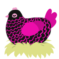 swirlie, a black and fuchsia chicken with a lace pattern