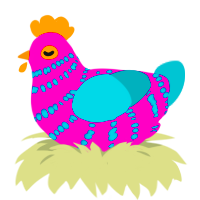 SATURATION, a fuchsia and teal chicken with a bar pattern