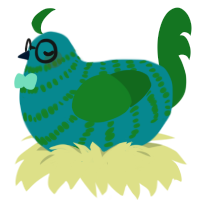 Picolino, a teal and leaf chicken with a bar pattern