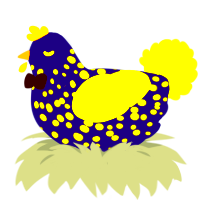 A navy and chartreuse chicken with a speckle pattern