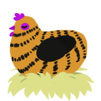 A orange and black chicken with a bar pattern