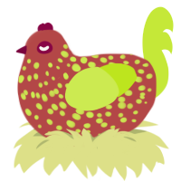A red and lime chicken with a speckle pattern