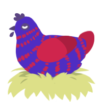 HH, a indigo and crimson chicken with a bar pattern