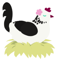 Chip, a white and sable chicken with a neck-speckle pattern
