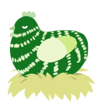 Whatermelawn, a leaf and apple chicken with a bar pattern
