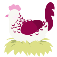 WhiteCherryChocolate, a white and maroon chicken with a half-lace pattern
