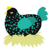 A black and turquoise chicken with a speckle pattern