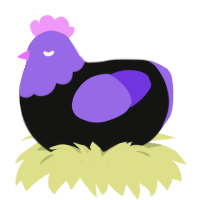 A black and blurple chicken with a head pattern