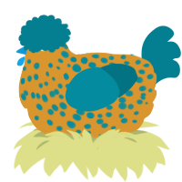 Lola, a orange and sea chicken with a speckle pattern