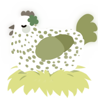 A white and chartreuse chicken with a speckle pattern