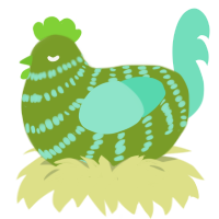 A chartreuse and mint chicken with a bar pattern