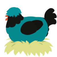 A teal and black chicken with a head pattern