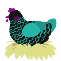 Grey Sea, a black and turquoise chicken with a lace pattern