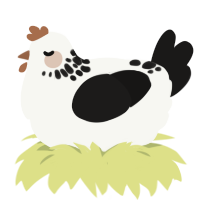 A white and sable chicken with a neck-speckle pattern