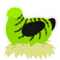 A chartreuse and black chicken with a half-bar pattern