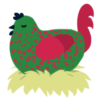 Fuut, a viridian and crimson chicken with a speckle pattern