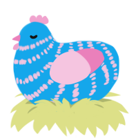 potato, a sky and pink chicken with a bar pattern