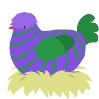 A blurple and viridian chicken with a bar pattern