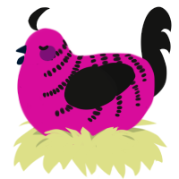 Party Animal, a fuchsia and black chicken with a half-bar pattern