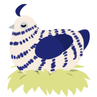 A cream and navy chicken with a bar pattern