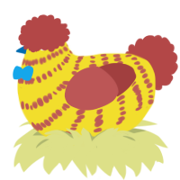 Clucky the Clown, a yellow and red chicken with a bar pattern
