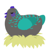 A grey and turquoise chicken with a half-lace pattern