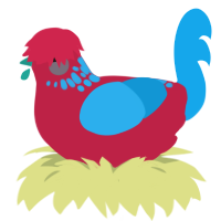 Blopple, a crimson and sky chicken with a neck-speckle pattern