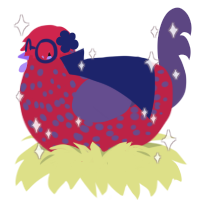 A crimson and overcast chicken with a speckle pattern