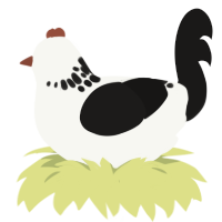 A white and sable chicken with a neck-speckle pattern