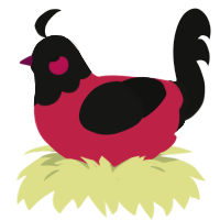 A crimson and black chicken with a head pattern