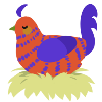 Blocktoy, a vermilion and indigo chicken with a bar pattern