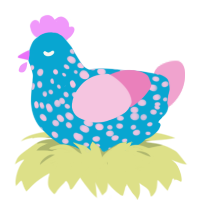 A cerulean and pink chicken with a speckle pattern