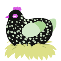 spook, a black and gluppy chicken with a speckle pattern