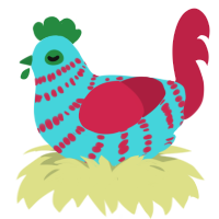slush puppy, a aqua and crimson chicken with a bar pattern
