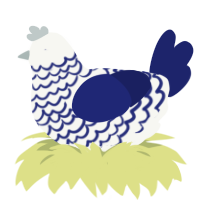 A white and navy chicken with a lace pattern