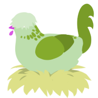 A gluppy and chartreuse chicken with a neck-speckle pattern