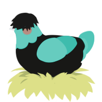 Emo Miku, a black and turquoise chicken with a head pattern