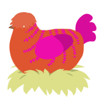 A vermilion and fuchsia chicken with a half-bar pattern