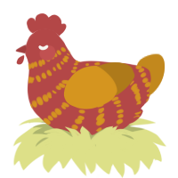 A red and ochre chicken with a bar pattern