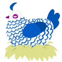 A white and ultramarine chicken with a lace pattern
